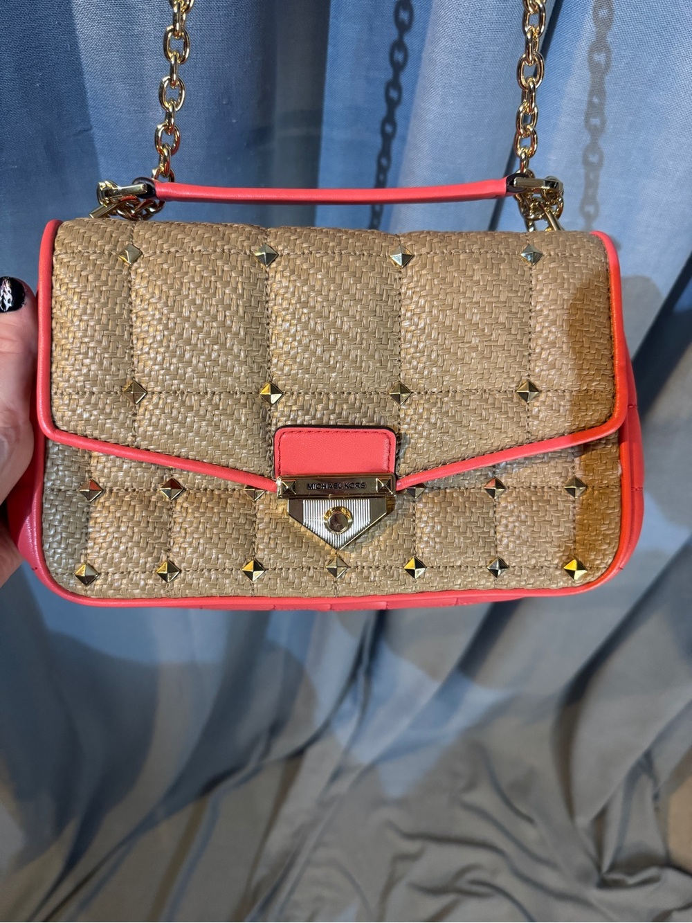 Quilted Straw Shoulder Bag with Coral Trim and Gold Chain